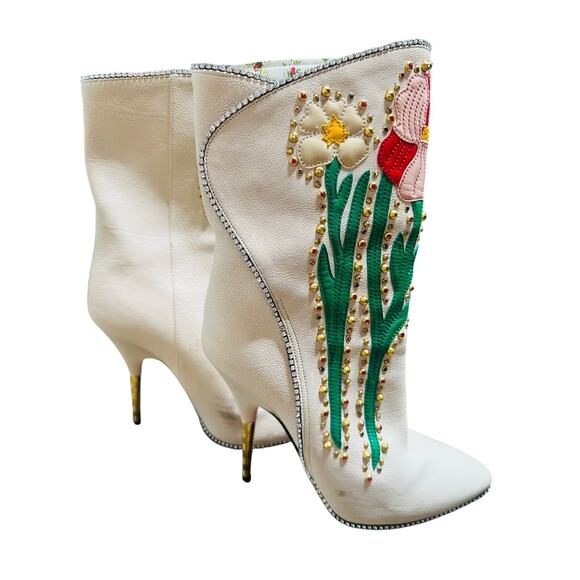 GUCCI Ivory Leather Floral ‘Fosca’ 2017 Pink Bottom Runway Booties Size 37 - Picture 6 of 16